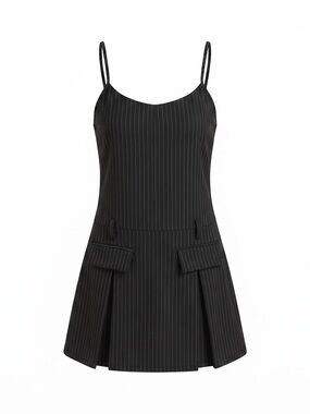 HALARA Black Pinstripe Spaghetti-Strap Mini Dress with Flap Pockets Size XL